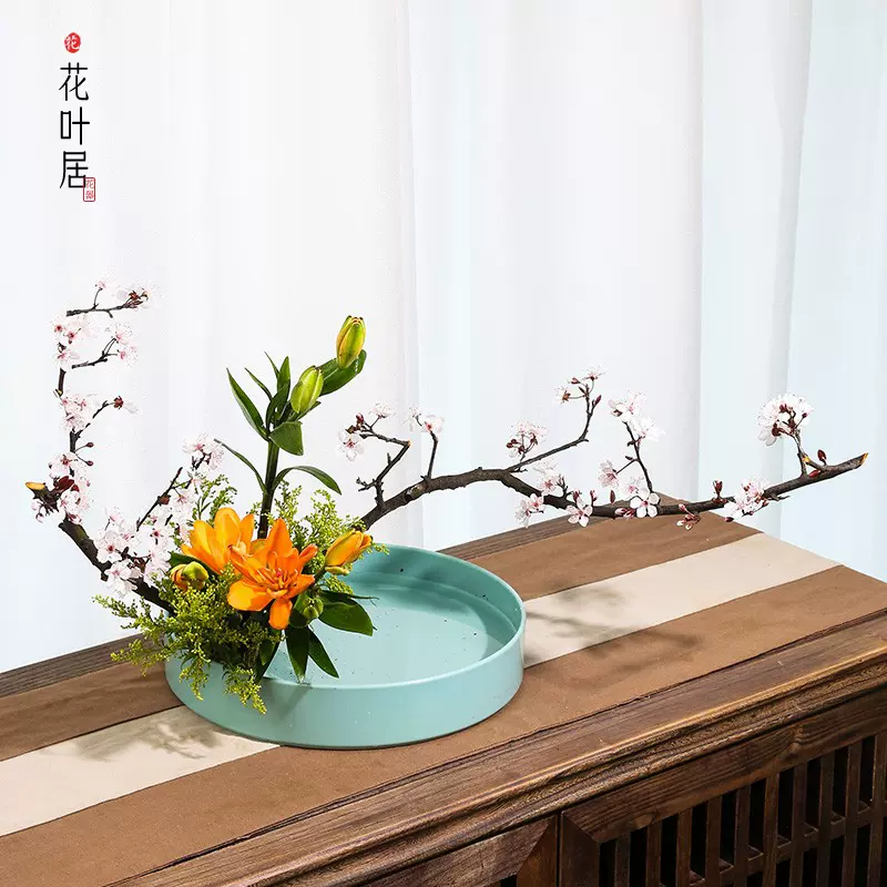 小原流花器双层半月型花盆陶瓷日式剑山插花器皿半圆客厅桌面摆件-Taobao