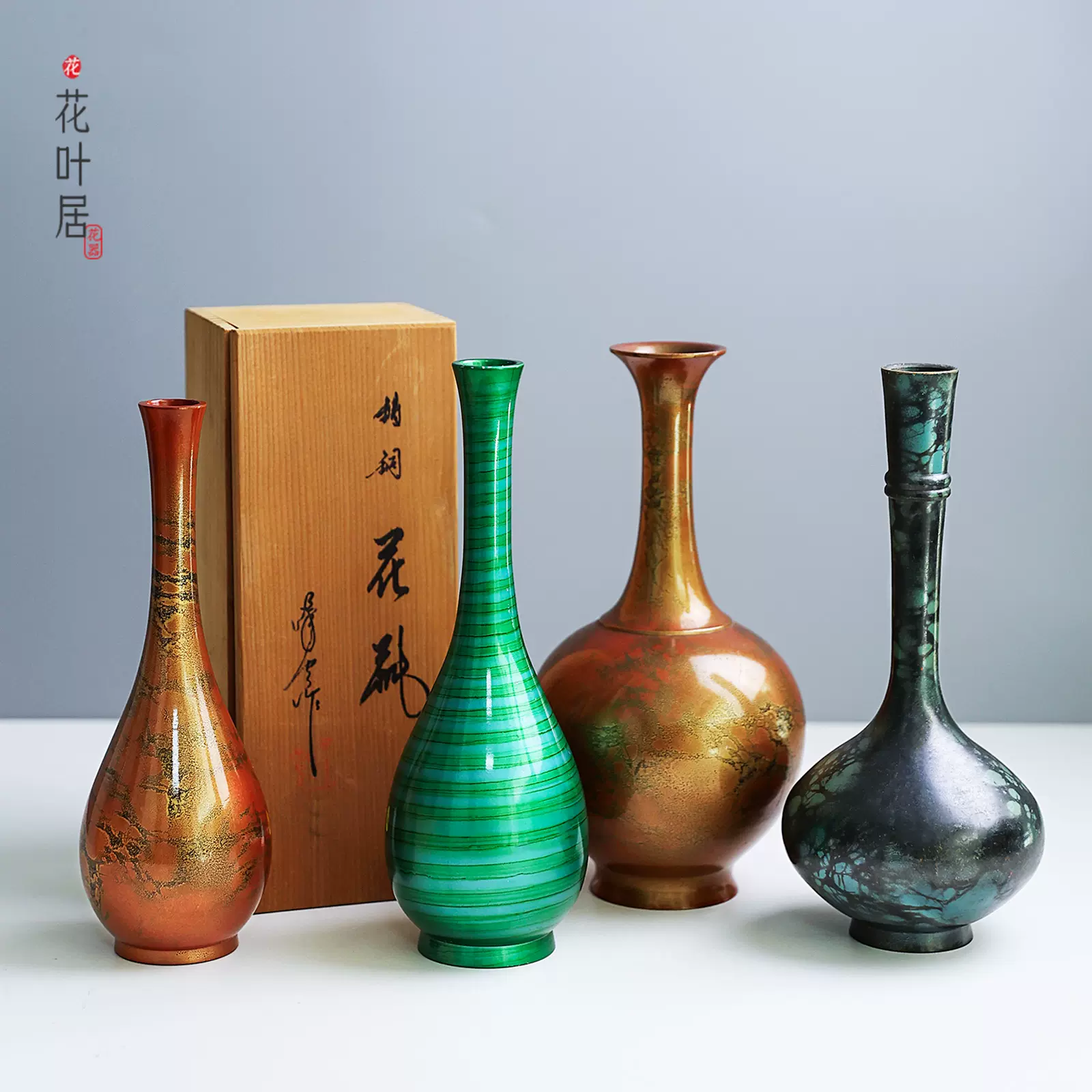 日本回流铜器小原流插花器皿花道禅意小花瓶家居花艺摆件民宿装饰