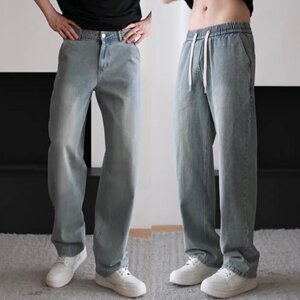 
Spring and summer American retro washed distressed straight jeans for men, simple and versatile, loose, breathable, casual pants for small feet