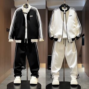 
Spring and Autumn trendy brand striped color matching air layer casual suit couple's same style stand-up collar jacket jacket trousers two-piece set