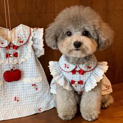 Pet Clothes, Retro Blue Plaid Mini Dress, Korean Style Lace Flutter Sleeves, Stylish Princess Dress for Dogs and Cats