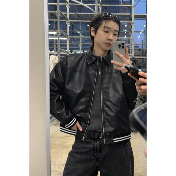 
Korean men's clothing purchasing agent benefits flash sale LUIRE rebate high stripe design age-reducing short niche leather jacket PU