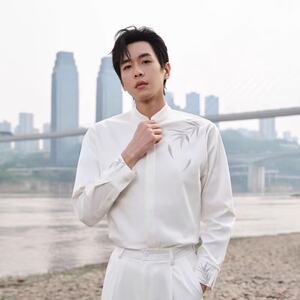 
New Chinese-style stand-up collar gold bamboo embroidered shirt for men's engagement clothes light Chinese style wedding marriage certificate suit inner shirt