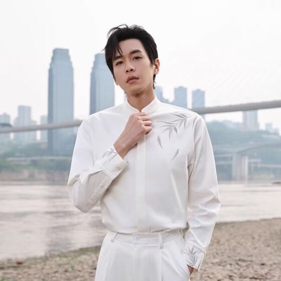 
New Chinese-style stand-up collar gold bamboo embroidered shirt for men's engagement clothes light Chinese style wedding marriage certificate suit inner shirt