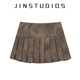 JIN homemade 23 autumn American retro hot girl style solid color pleated short skirt makes you look slim and long legs versatile A-line skirt leather skirt