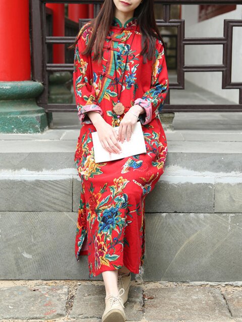 New Chinese retro disk buckle and improved cheongsam dress. Women's spring and autumn retro big flower cotton and linen ethnic style loose long skirt