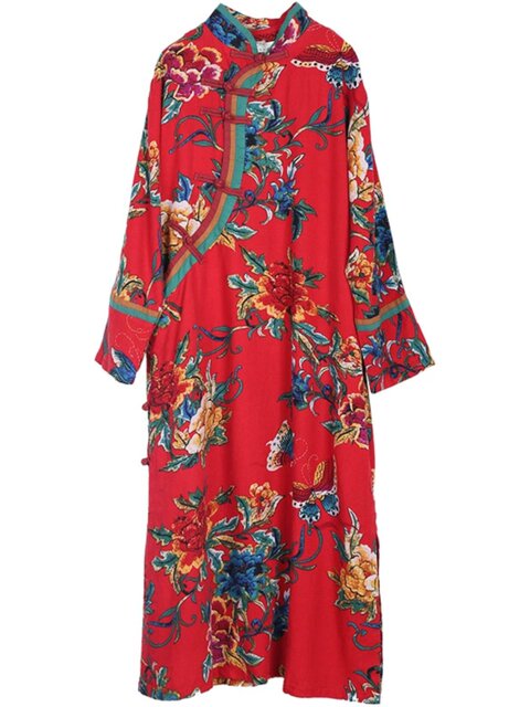 New Chinese retro disk buckle and improved cheongsam dress. Women's spring and autumn retro big flower cotton and linen ethnic style loose long skirt