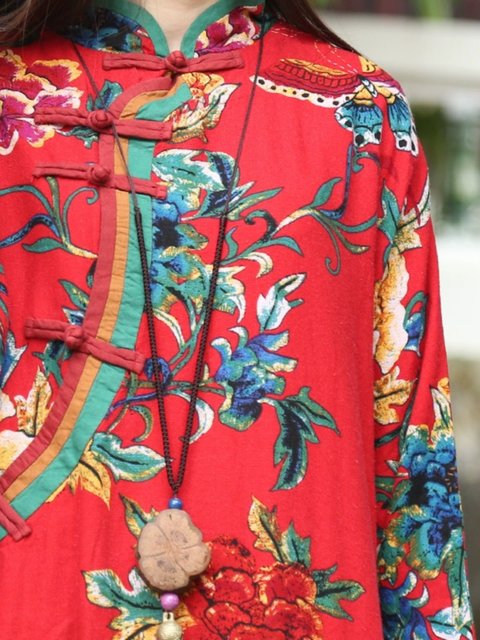 New Chinese retro disk buckle and improved cheongsam dress. Women's spring and autumn retro big flower cotton and linen ethnic style loose long skirt