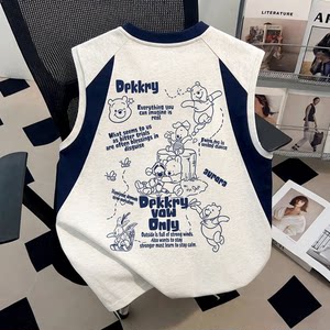 
Summer new style American bear casual sports versatile pure cotton vest for men and women retro t simple sleeveless T-shirt design