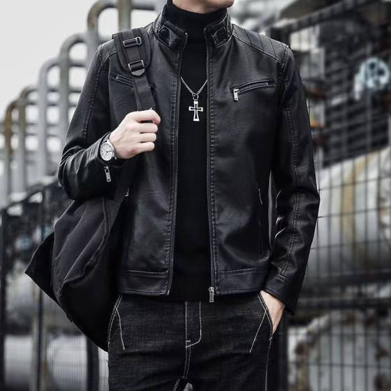 
Men's leather jacket new spring and autumn thin Korean style trendy and handsome motorcycle leather jacket autumn and winter velvet thickened men's jacket
