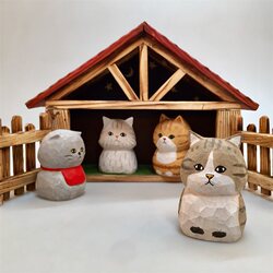 Zakka Japanese-Style Solid Wood Hand-Carved Cat Figurine, Unique Craftsmanship, New Playfulness, Ward Off Evil and Bring Good Fortune Ornament