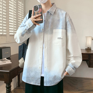 
New American gradient denim shirt for autumn, boys' trendy tops, loose casual jacket, versatile and handsome shirt