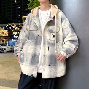 2026 Spring and Autumn New Plaid Jacket Men's Loose Trendy Hooded Casual Jacket Teen Student Top