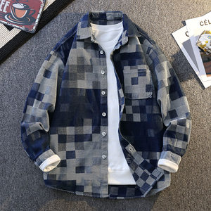
Long-sleeved denim shirt men's 2025 new spring and autumn plaid Hong Kong style jacket men's trendy casual shirt jacket