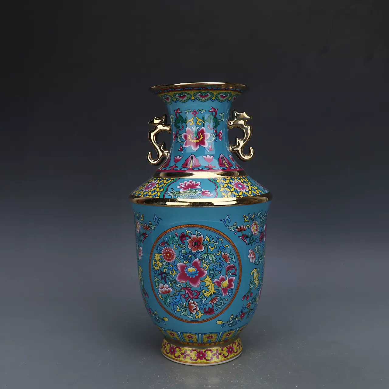 Ka02【中国古玩 大清乾隆年製 獣雙耳 龍鳳凰紋 象嵌 唐