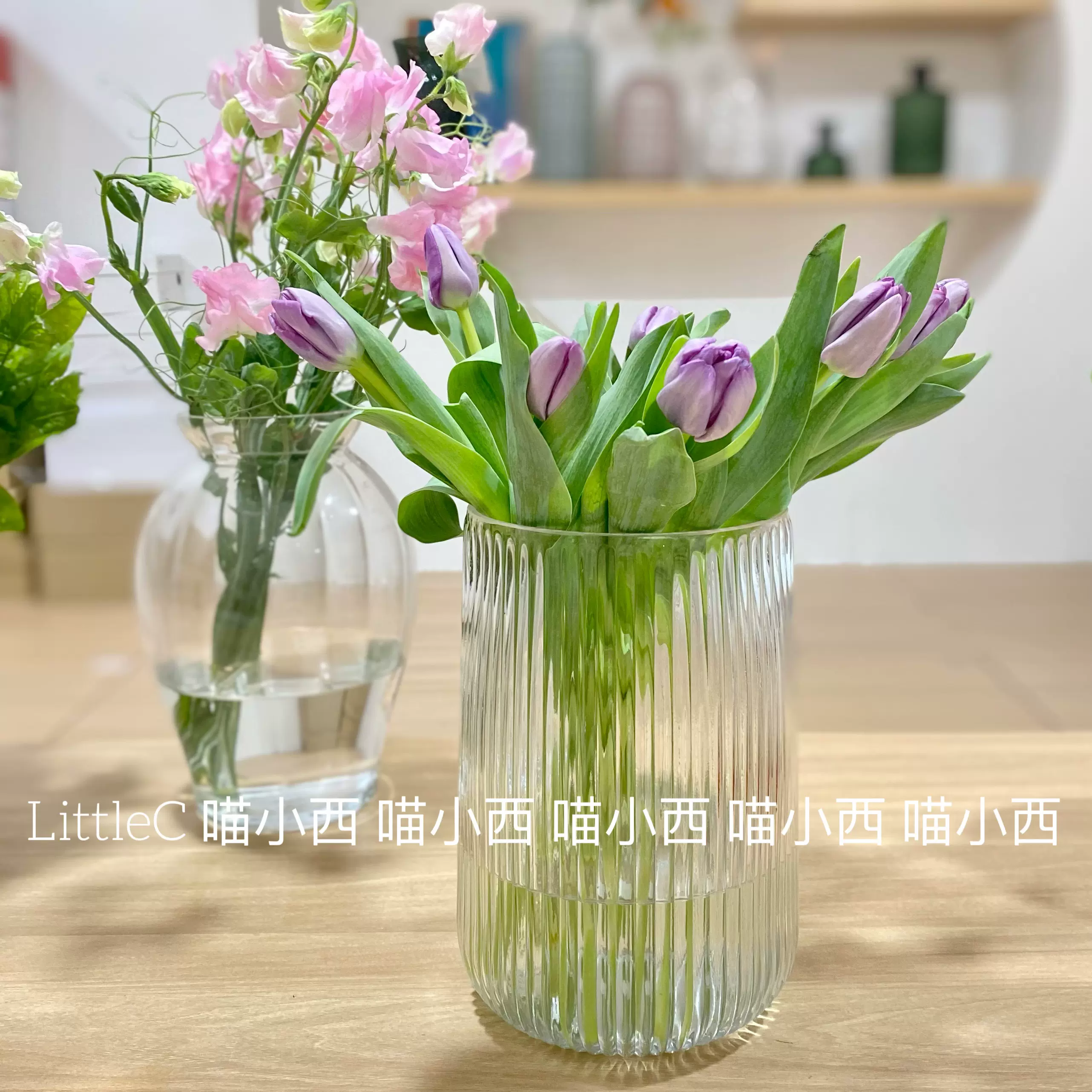 口径12高21cm透明条纹简约玻璃花瓶玫瑰花郁金香花器-Taobao Vietnam