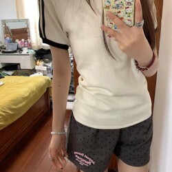 American-Style Gray Polka Dot Casual Shorts for Women, Summer High-Waisted Straight-Leg Versatile Wide-Leg A-Line Petite Sports Shorts