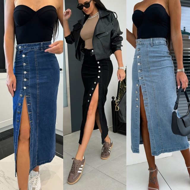 Cross-border women's clothing button irregular slit half-body denim skirt high waist sexy slim hip-pack skirt spot
