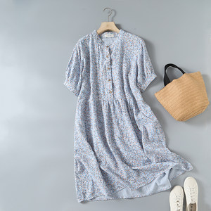 
2026 summer new style small floral print short-sleeved dress stand-up collar waist shirt skirt double-layer cotton gauze platycodon skirt