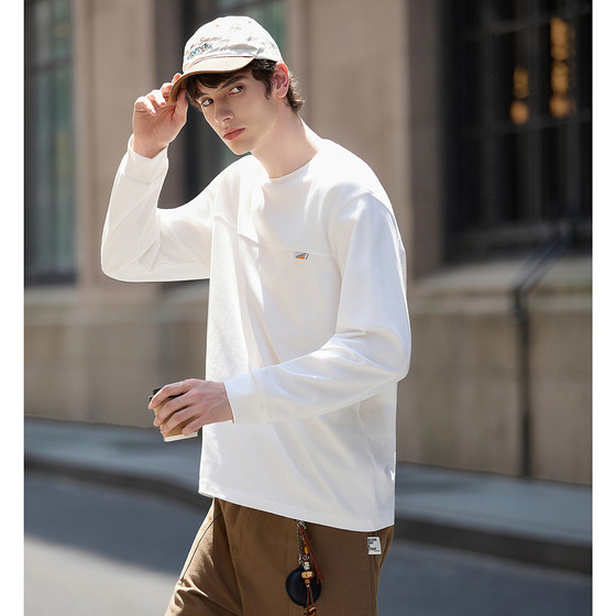 
Tangshi 2026 spring and autumn new long-sleeved T-shirt men's loose left chest small squeaky label youth white bottoming shirt trendy top