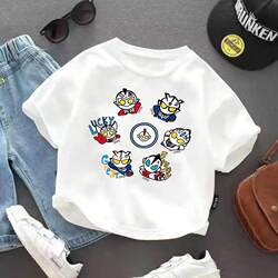 Ultraman Boys' Short-Sleeved Handsome Summer Cartoon Cotton Top Kidsren's White T-Shirt Little Boy Summer Clothes Trendy T-Shirt