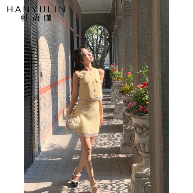 Korean Yulin Xiaoxiangfeng A-line skirt for women 2025 new spring and summer high-waist short skirt yellow spliced ​​short skirt