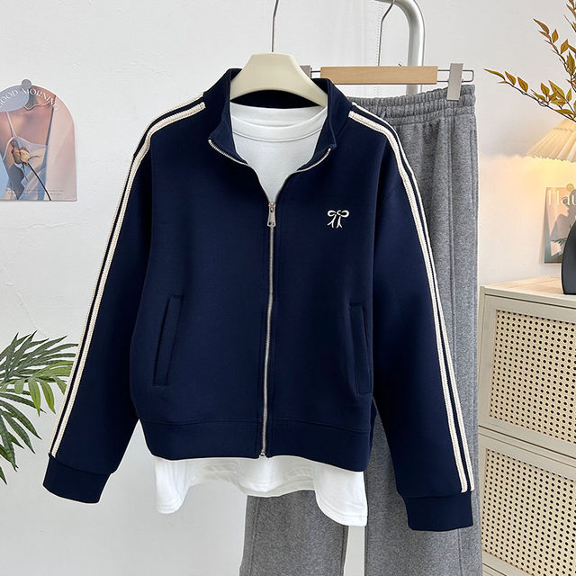 Korean style wear bow zipper sweatshirt jacket stand collar baseball uniform casual sports long sleeve striped cardigan women's spring