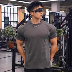 Summer Men's Fitness Training Short-Sleeved T-Shirt with Small Cuffs, Tight-Fitting Liquid Ammonia Cotton, Regular Shoulder, Elastic, Muscle-Enhancing Short-Sleeved T-Shirt
