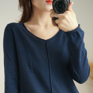 
All cotton sweater for women 2025 new pullover base thin sweater solid color long-sleeved T-shirt loose top