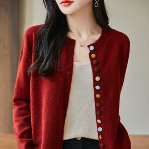 
Colorful button round neck knitted cardigan for women Encore red loose layered long-sleeved spring and autumn small fragrance sweater jacket