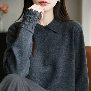 
Lapel crochet stitching cuffs knitted sweater for women, artistic loose shirt collar, long-sleeved sweater, autumn and winter bottoming shirt