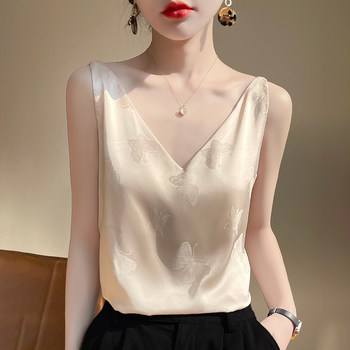 French silk suspender for women with loose butterfly white acetate broadband vest outside wearing satin V-neck top summer
