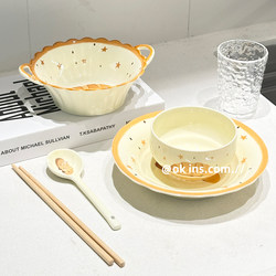 Cute Cartoon Ceramic Tableware Set for Home Use, Underglaze Color Rice Bowl and Plate Set for One Person