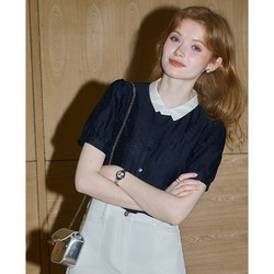 Outlet Counter Clearance Lyocell Modern Short-Sleeved Shirt Women's Color-Blocked Lapel Shirt Top Summer