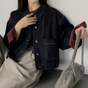 
A733 retro Hong Kong style fashion topstitch double pocket short denim quilted fashion denim loose cotton coat for women