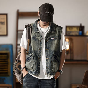 American retro hoodee vest Men's autumn loose large -size sleeveless shoulder -shaped shoulder workpack big pocket vest jacket