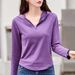 Pure Cotton Hooded Long-Sleeve T-Shirt for Women, 2026 Spring New Style, Loose Short Trendy Top, Thin Sweatshirt with Hood