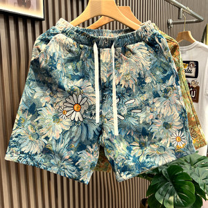 
Beach pants for men's summer new style chrysanthemum thin ice silk five-point shorts wearing quick-drying shorts loose large size