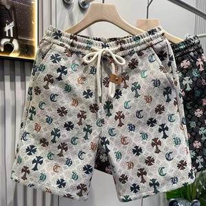 
2025 trendy straight men's shorts elastic waist five-point printed casual pants beach pants European mid-pants youth style