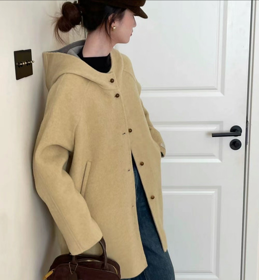 
2025 autumn and winter new double-sided cashmere coat for women mid-length hooded loose wool wool coat