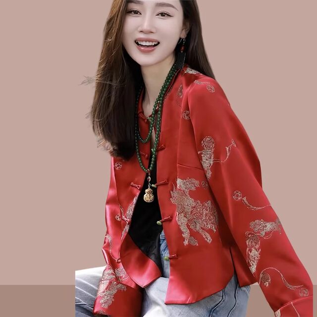 New Chinese style embroidered one-button short jacket for women 2024 spring and autumn style high-end red national style New Year greeting top