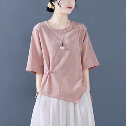 Design-Focused Niche Cotton and Linen Jacquard Shirt Top for Women, Summer Vintage Loose Short-Sleeve Irregular Button-Up Shirt