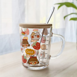 Fresh ins Glass Cup with Scale, Straw, Milk Cup with Lid, Breakfast Cup, Large Tea Cup, Dormitory Couple Gift