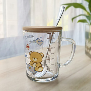 
Fresh ins glass cup scale straw milk cup with cover breakfast cup large tea cup dormitory couple gift