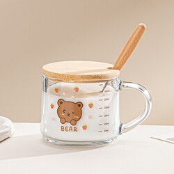 ins Cartoon Glass Cup with Scale, Straw, Milk Breakfast Cup, Lid, Spoon, Handle, Anti-Scalding, Heat-Resistant, Dormitory, Office, Home Use