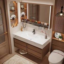 Medieval-Style Walnut Wood Rock Slab Hot-Bent Ceramic Integrated Basin Bathroom Vanity Sink Bathroom Cabinet Set