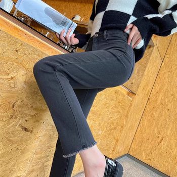 
Women's cigarette ash straight jeans autumn and winter raw edges 89 points