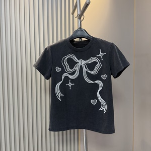 
European goods 2026 spring and summer new round neck embroidered bow hollow old slim short-sleeved T-shirt women's fashionable tops