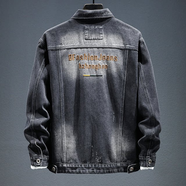 Retro black and gray denim jacket men's spring and autumn highend