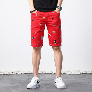 
Fashionable and personalized embroidered denim shorts men's five-point breeches red summer thin trendy elastic mid-pants trendy brand